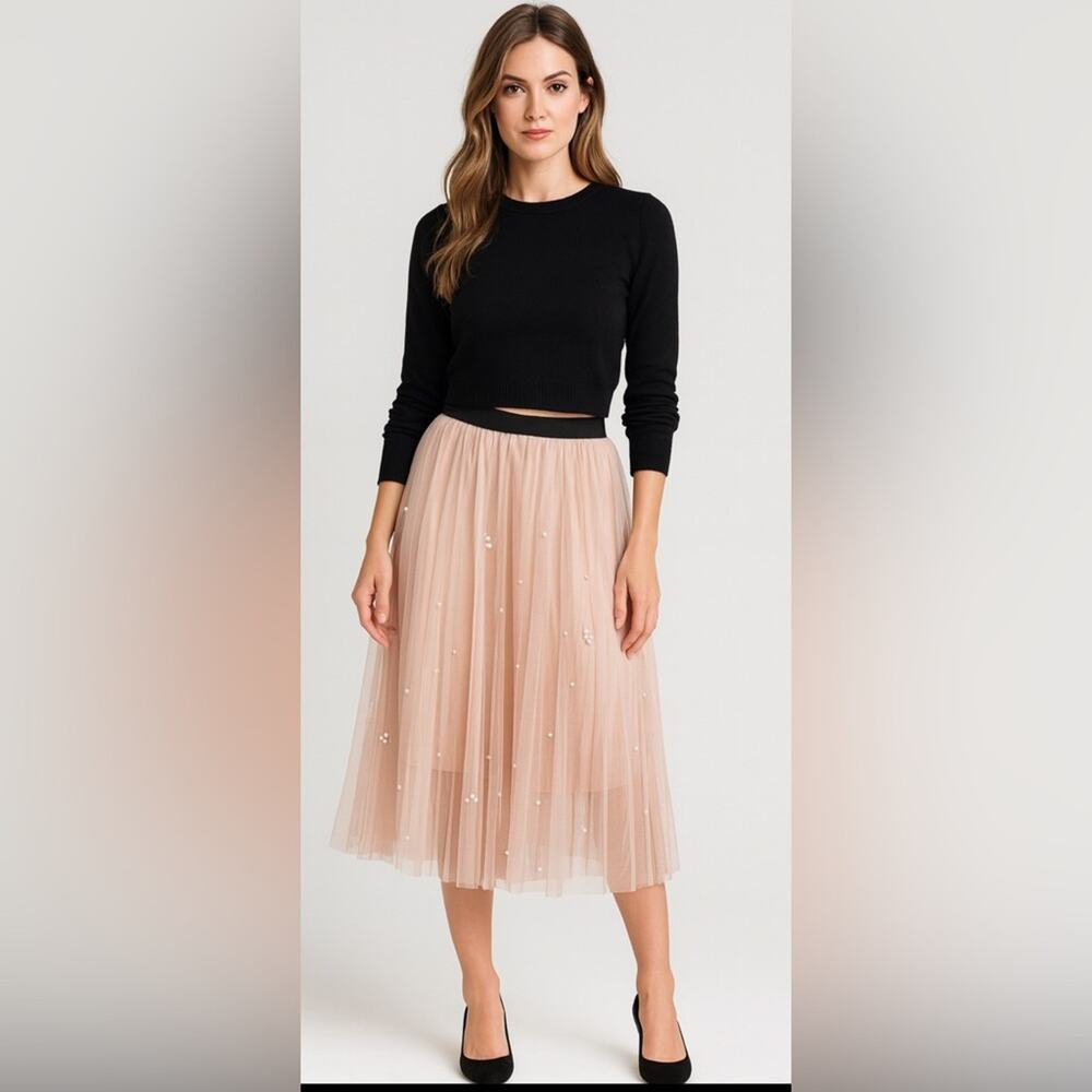 Woman’s Sadie & Love Blush Pink Pearl Tulle Midi Skirt Size Small